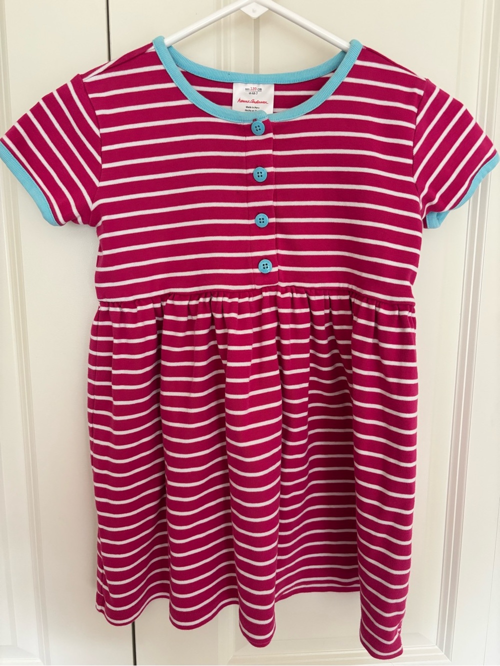 Girls hanna Andersson short sleeve pink blue stripe dress size 120 (6x/7)